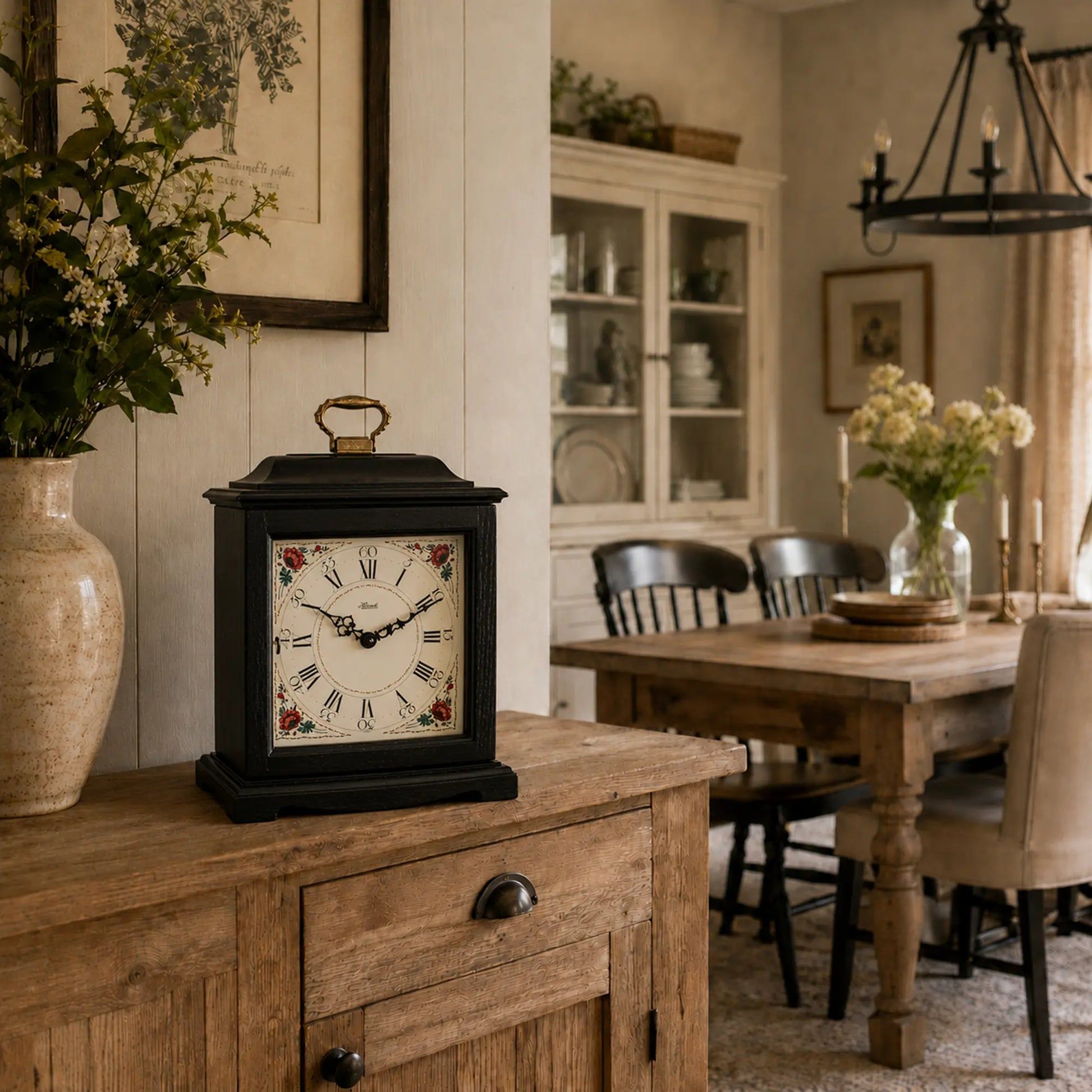 Reloj de mesa negro sobre superficie de madera, asa dorada y esfera blanca con flores