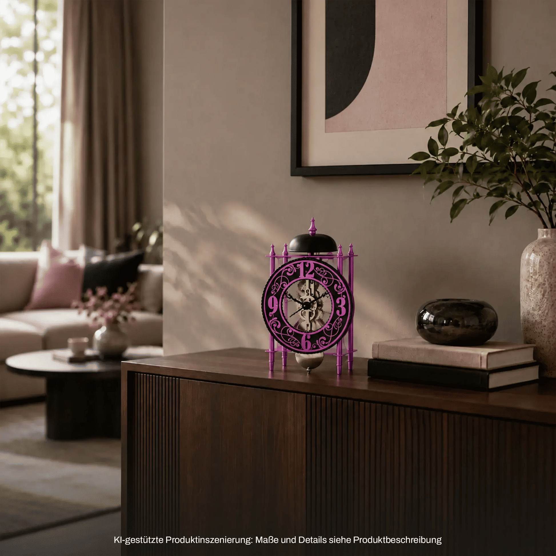 Hermle Tischuhr mit violettem Metallgehäuse und rundem Ziffernblatt