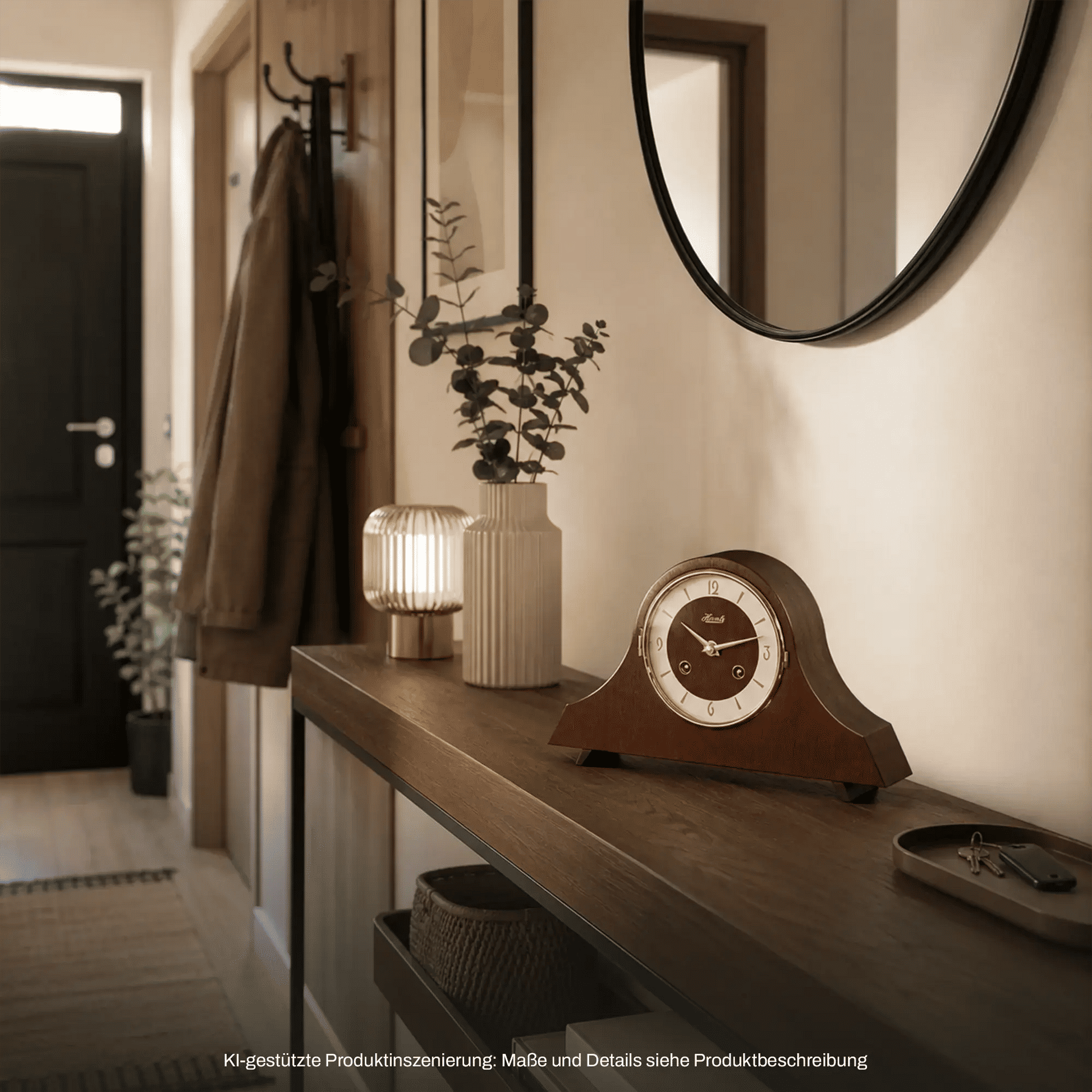 Holz-Tischuhr auf Sideboard mit weißem Ziffernblatt und gerundeter Gehäuseform