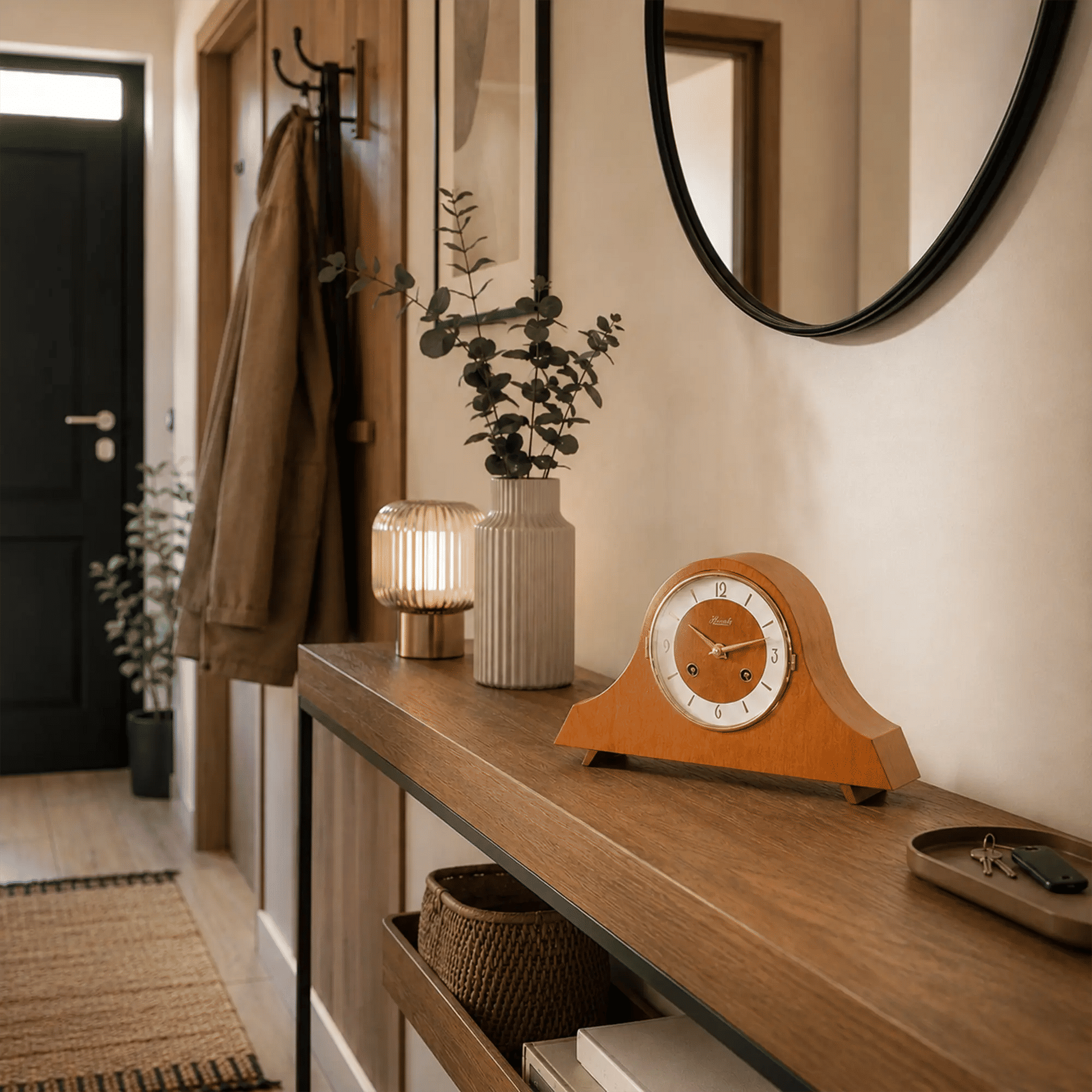 Reloj de mesa de madera sobre cómoda de madera, caja marrón con esfera redonda.