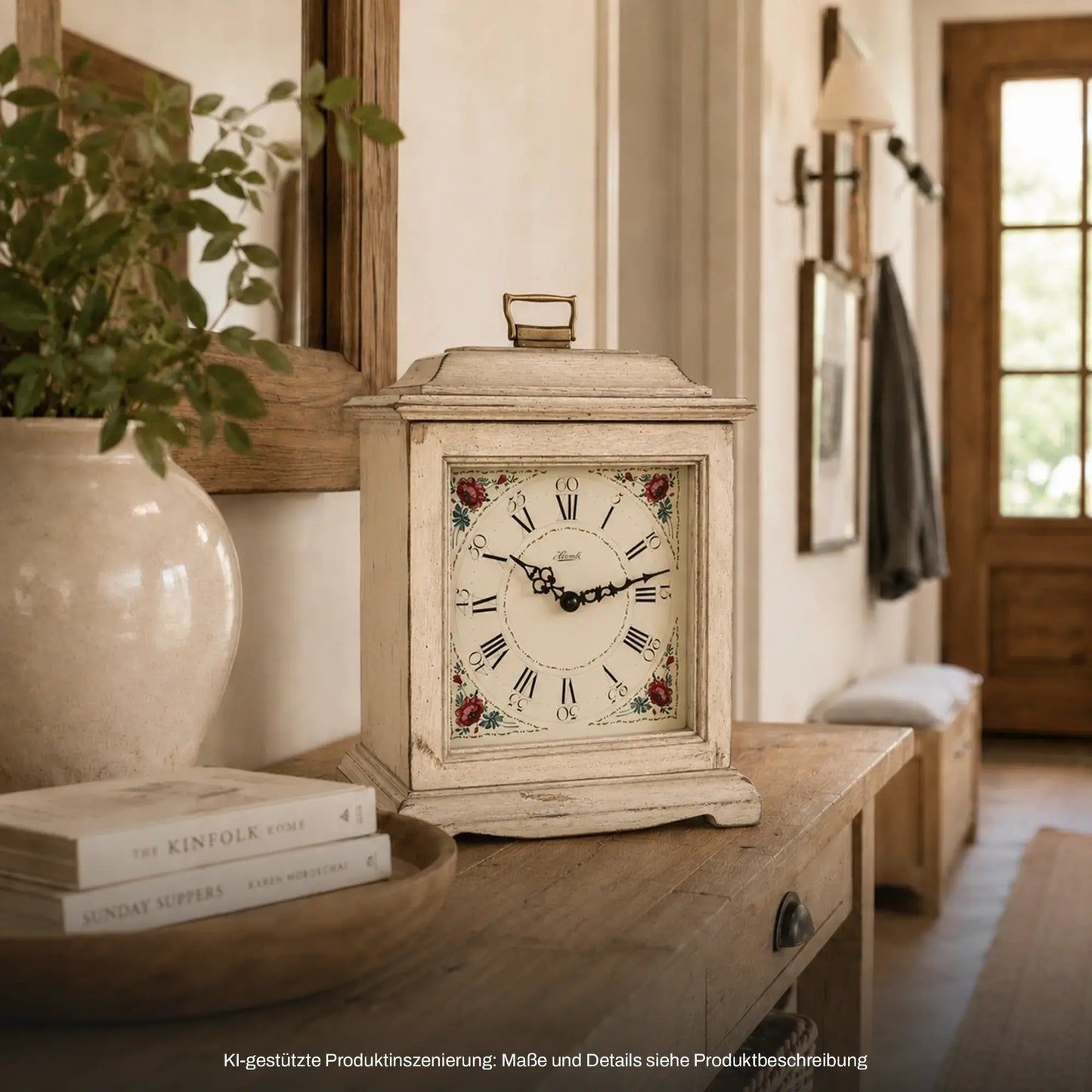 Holz-Tischuhr im Vintage-Look mit Glasfront, weißem Zifferblatt und schwarzen römischen Ziffern