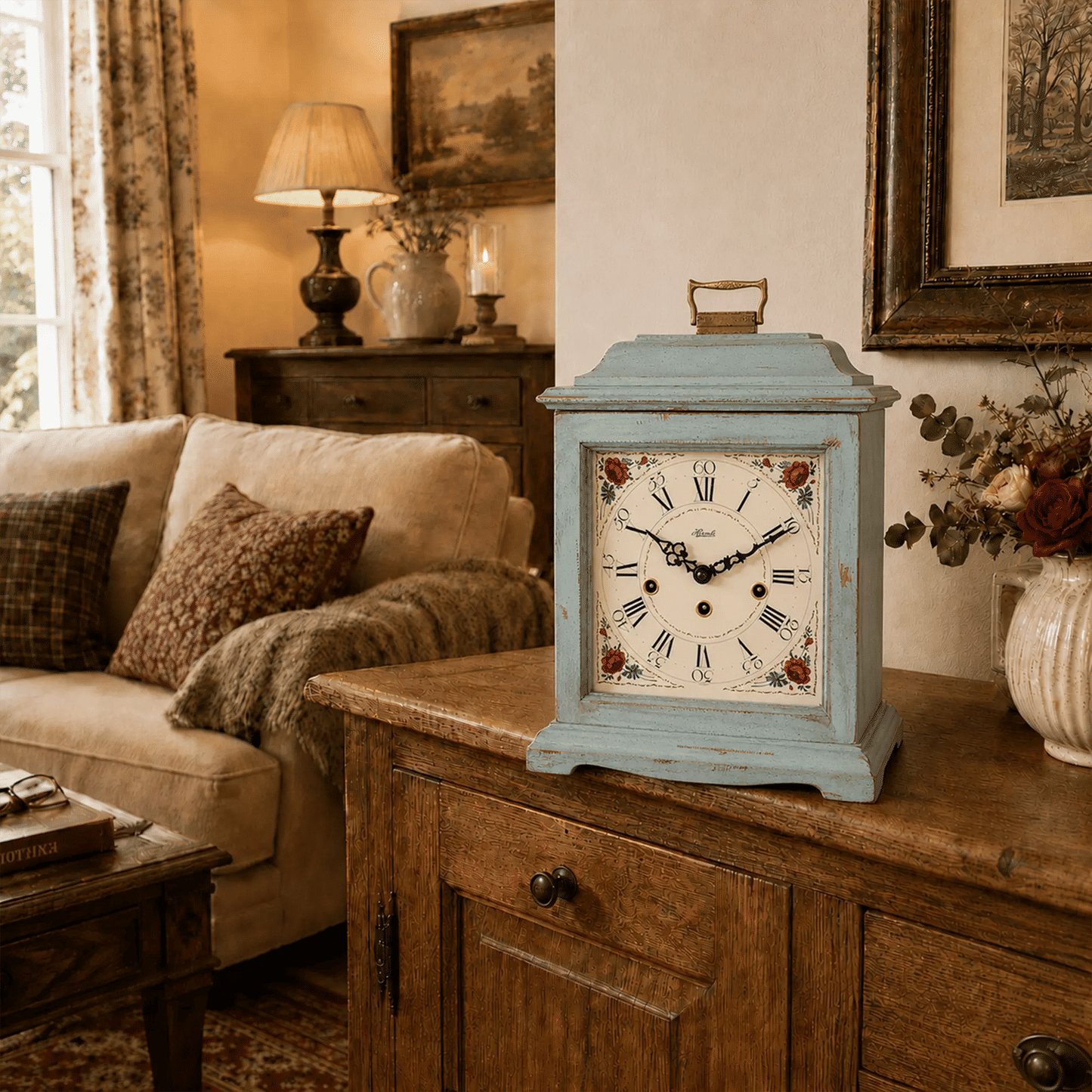 Reloj de mesa de madera con caja de madera azul claro y estampado floral rojo en la esfera, de pie