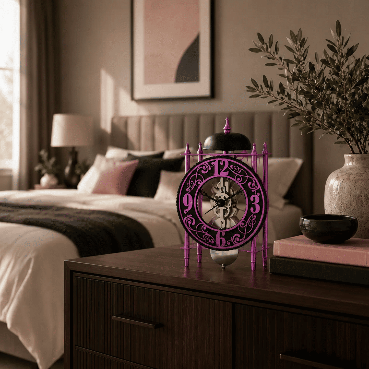 Reloj de mesa con caja de campana violeta, adornos en el anillo de la esfera y mecanismo visible