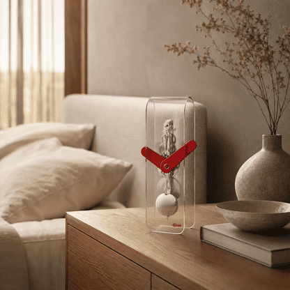 Reloj de mesa en caja transparente con brazo de manecilla rojo y bola de péndulo