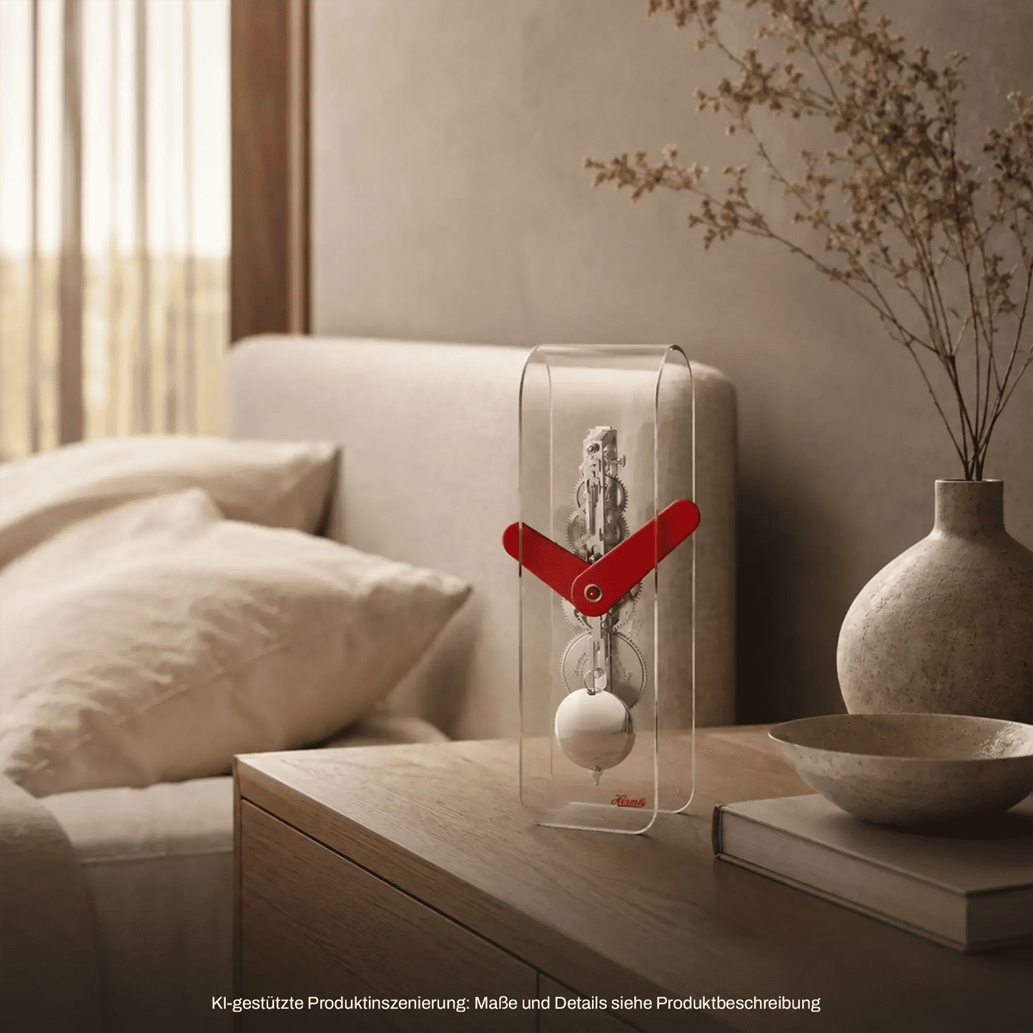 Holztischuhr im transparenten Glasgehäuse, rotes Skelett-Zifferblatt, Pendel und Gewichte