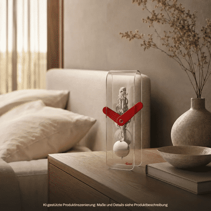 Holztischuhr im transparenten Glasgehäuse, rotes Skelett-Zifferblatt, Pendel und Gewichte