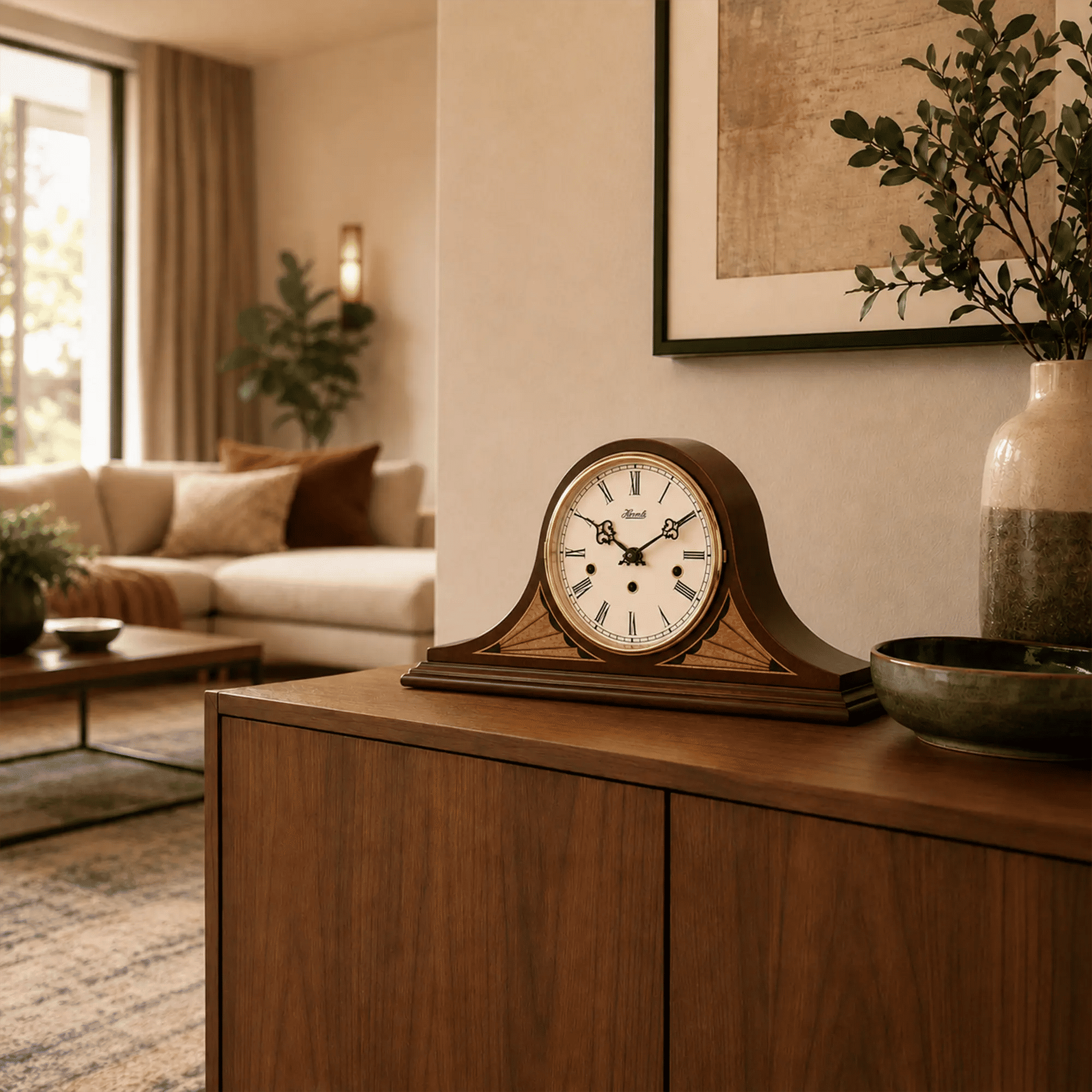 Reloj de mesa de madera marrón sobre cómoda de madera, esfera blanca con números romanos
