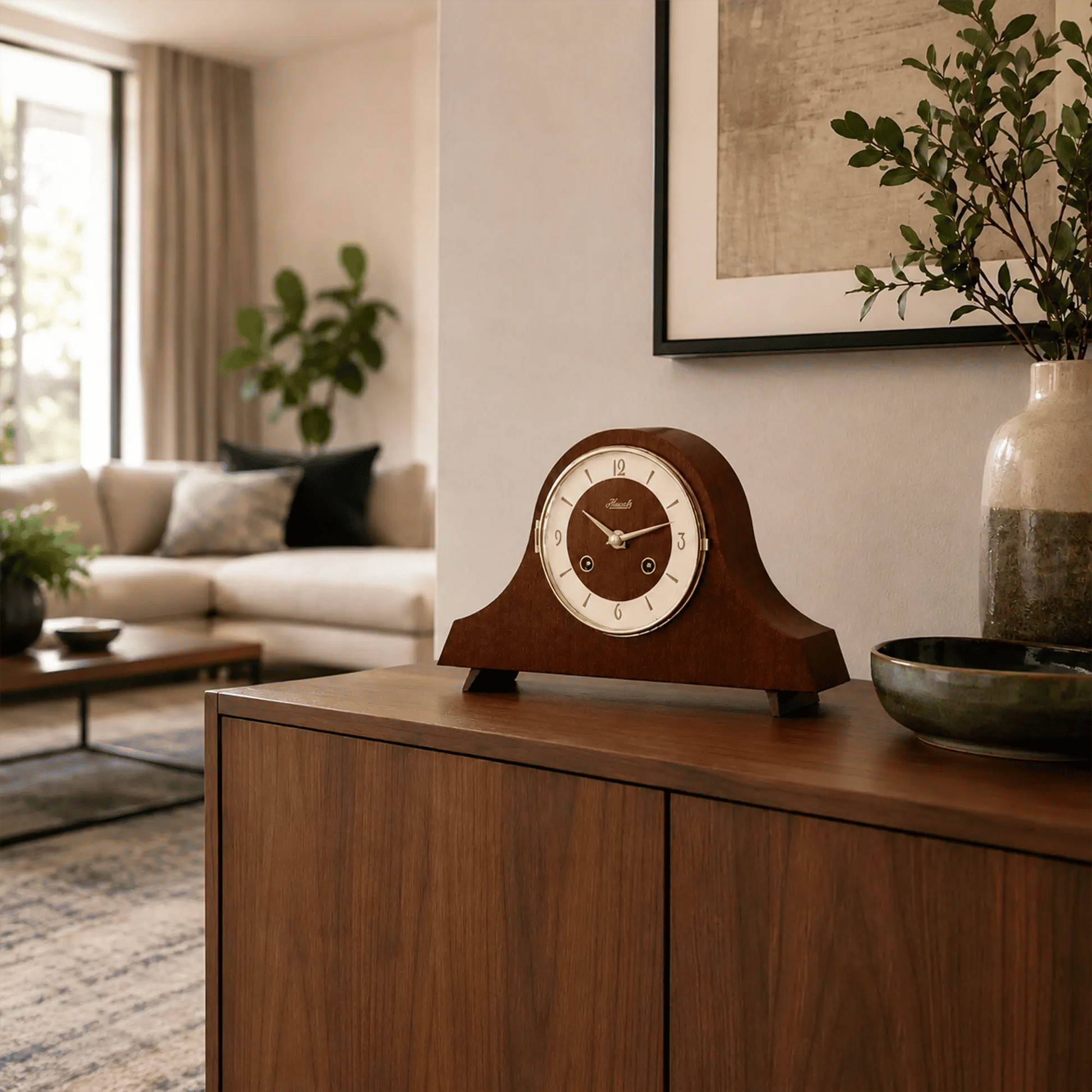 Reloj de mesa de madera con caja de madera marrón y esfera blanca, manecillas doradas