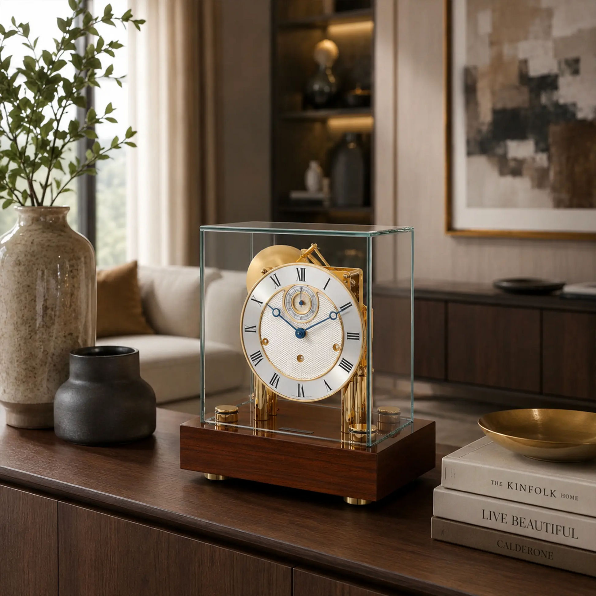 Reloj de mesa en caja de cristal con esfera blanca, elementos de latón y base de nogal