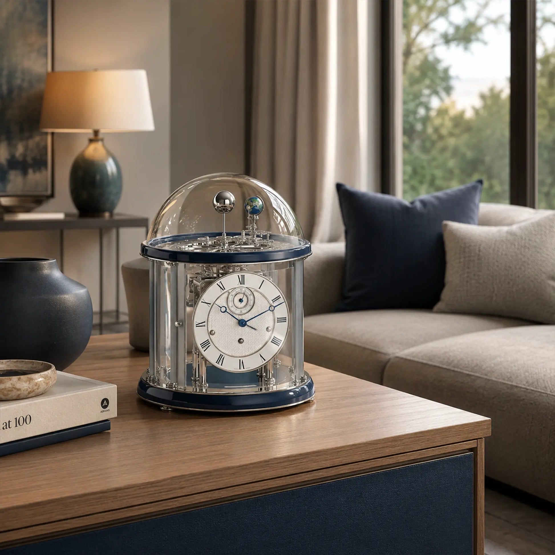 Reloj de mesa con campana de cristal, esfera plateada con manecillas, detalles dorados