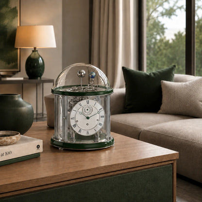 Reloj de mesa Hermle con campana de cristal, esfera redonda y caja metálica con borde verde