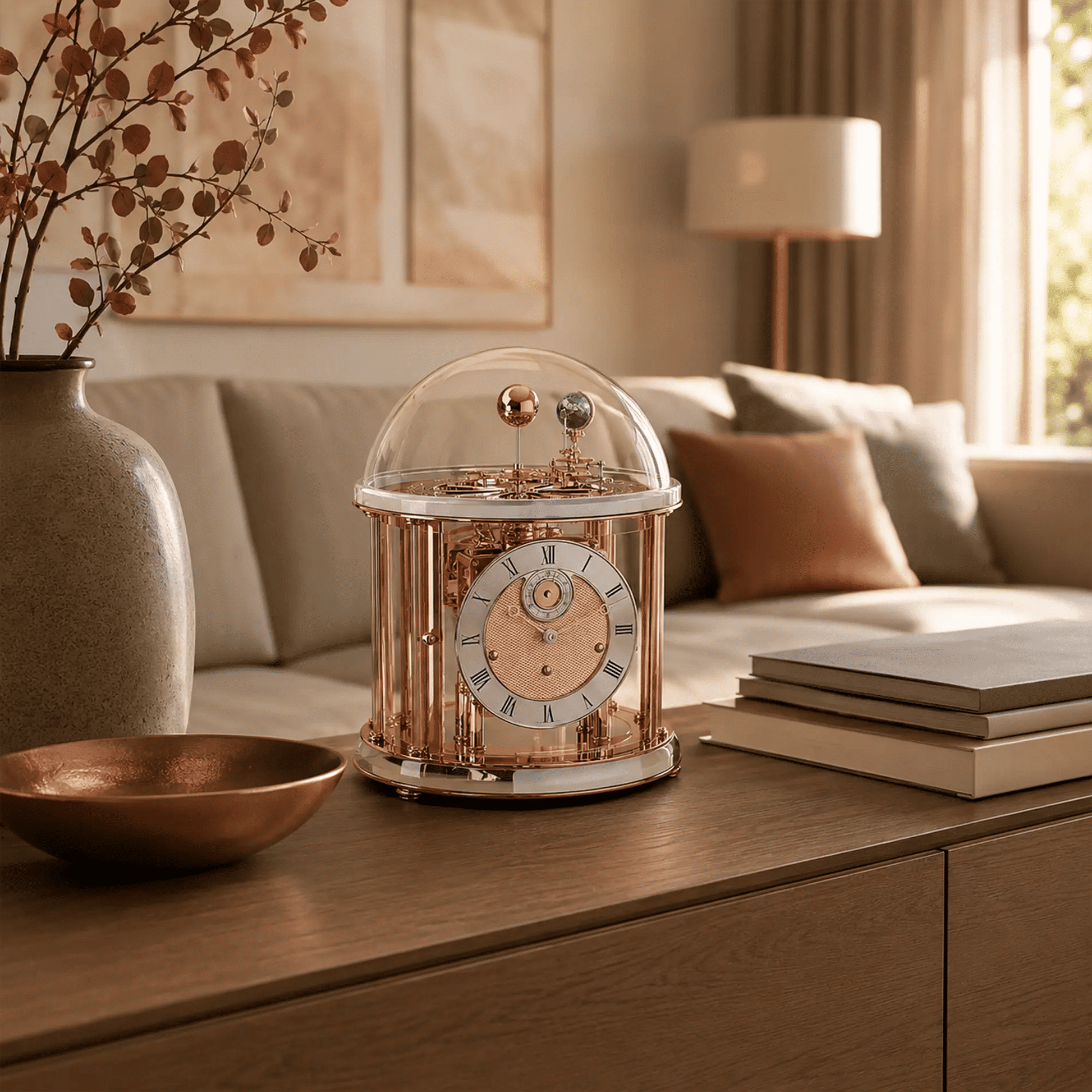 Reloj de mesa de color cobre con campana de cristal sobre cómoda de madera, esfera redonda