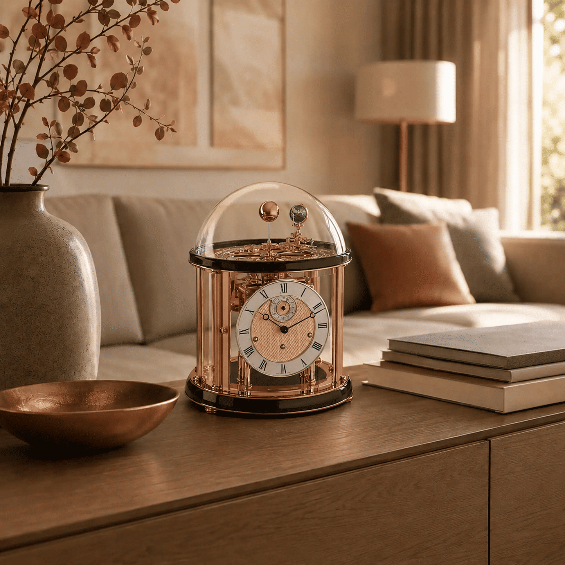 Reloj de mesa con cúpula de cristal sobre base de madera, números romanos en la esfera