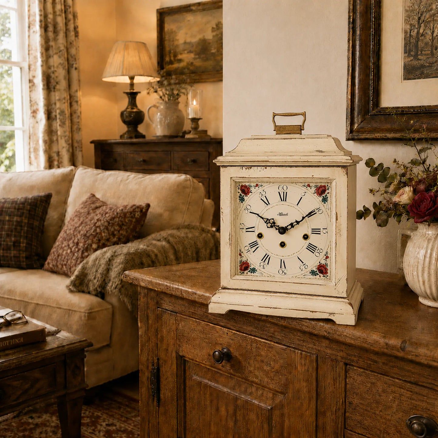 Reloj de mesa blanco sobre cómoda de madera con números romanos y marco floral