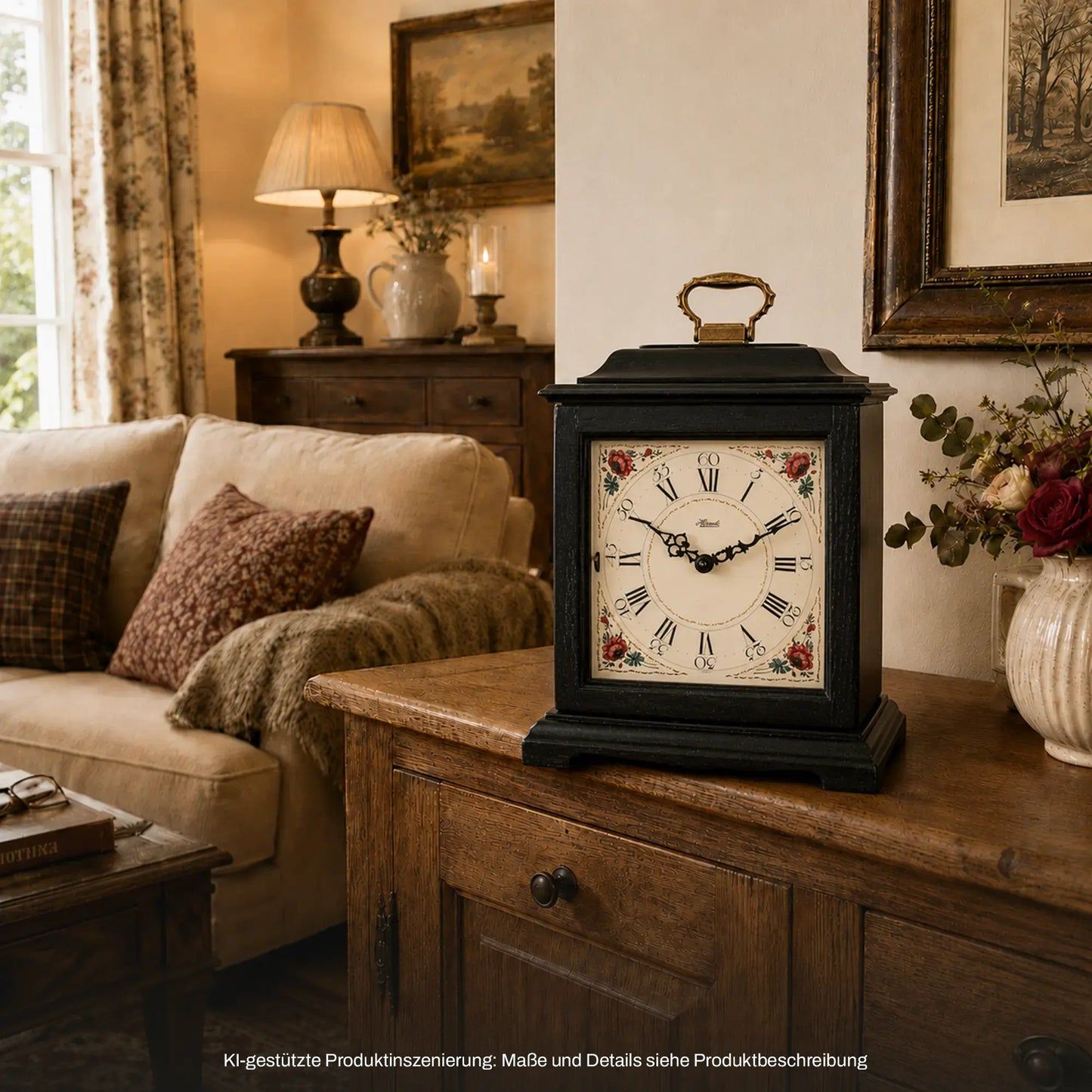 Vintage Tischuhr auf Sideboard, schwarzes Gehäuse mit ornamentiertem Ziffernblatt