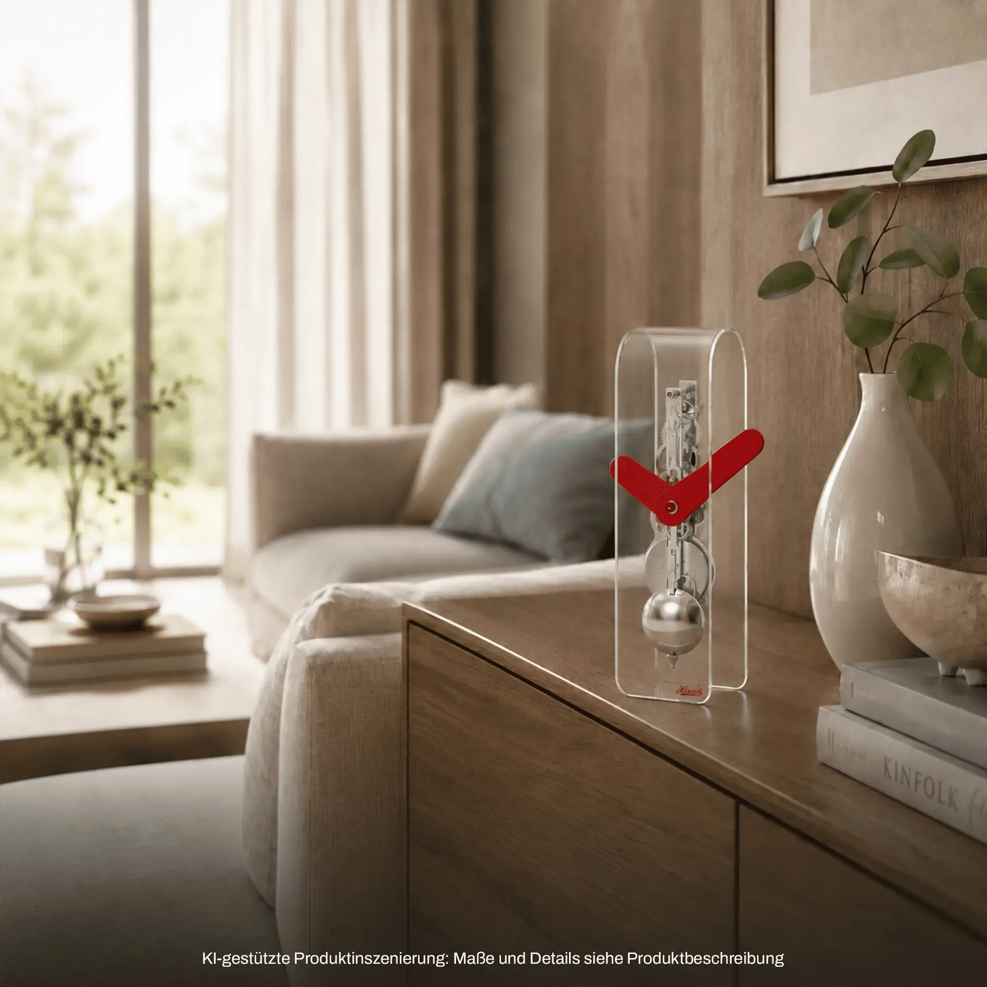Holztischuhr mit transparentem Glasgehäuse und rotem Skelett-Design, hängendes Pendel