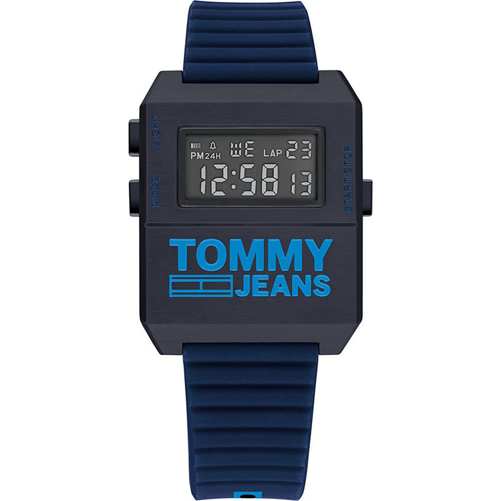 Herren-Armbanduhr Tommy Jeans mit digitalem LCD-Display und blauem Silikonarmband