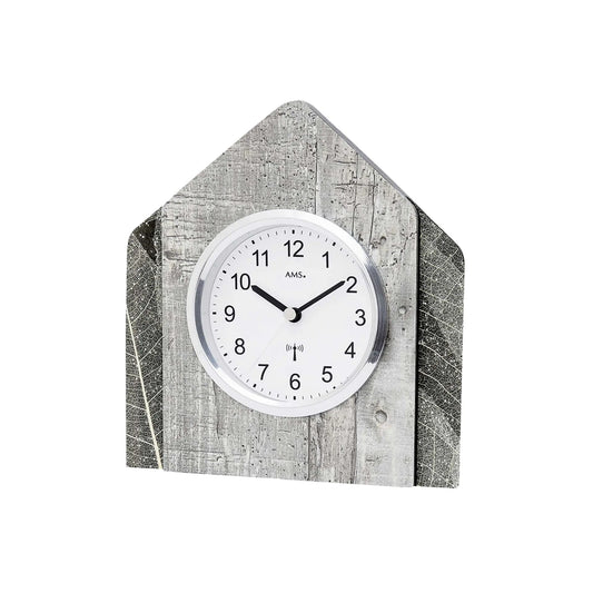 Tischuhr mit grauem Steinstruktur-Gehäuse und rundem weißem Zifferblatt mit schwarzen Zeigern