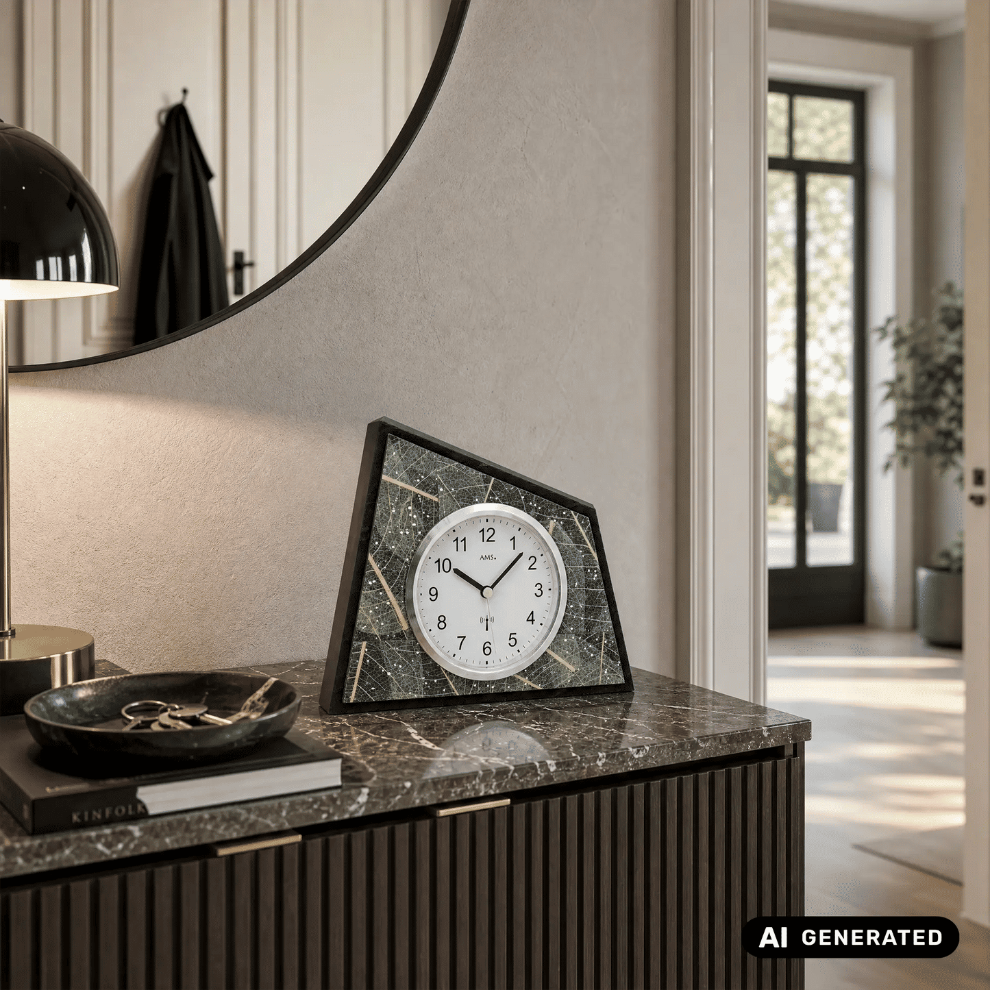 Reloj de mesa AMS F5177 con diseño de hoja natural • Radiocontrolado • Cristales Swarovski