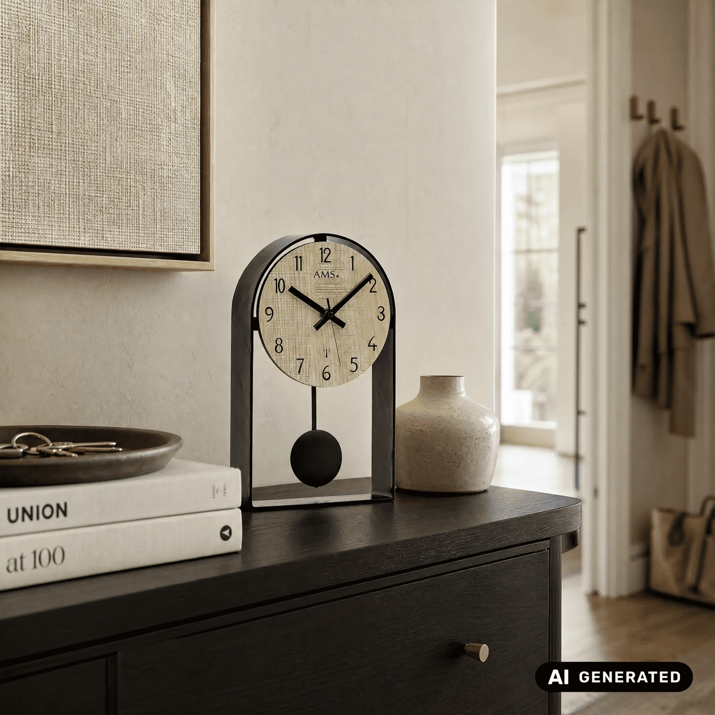 Reloj de mesa con péndulo radiocontrolado AMS F5189 Sonoma • Mecanismo de péndulo radiocontrolado • Carcasa de metal lacado