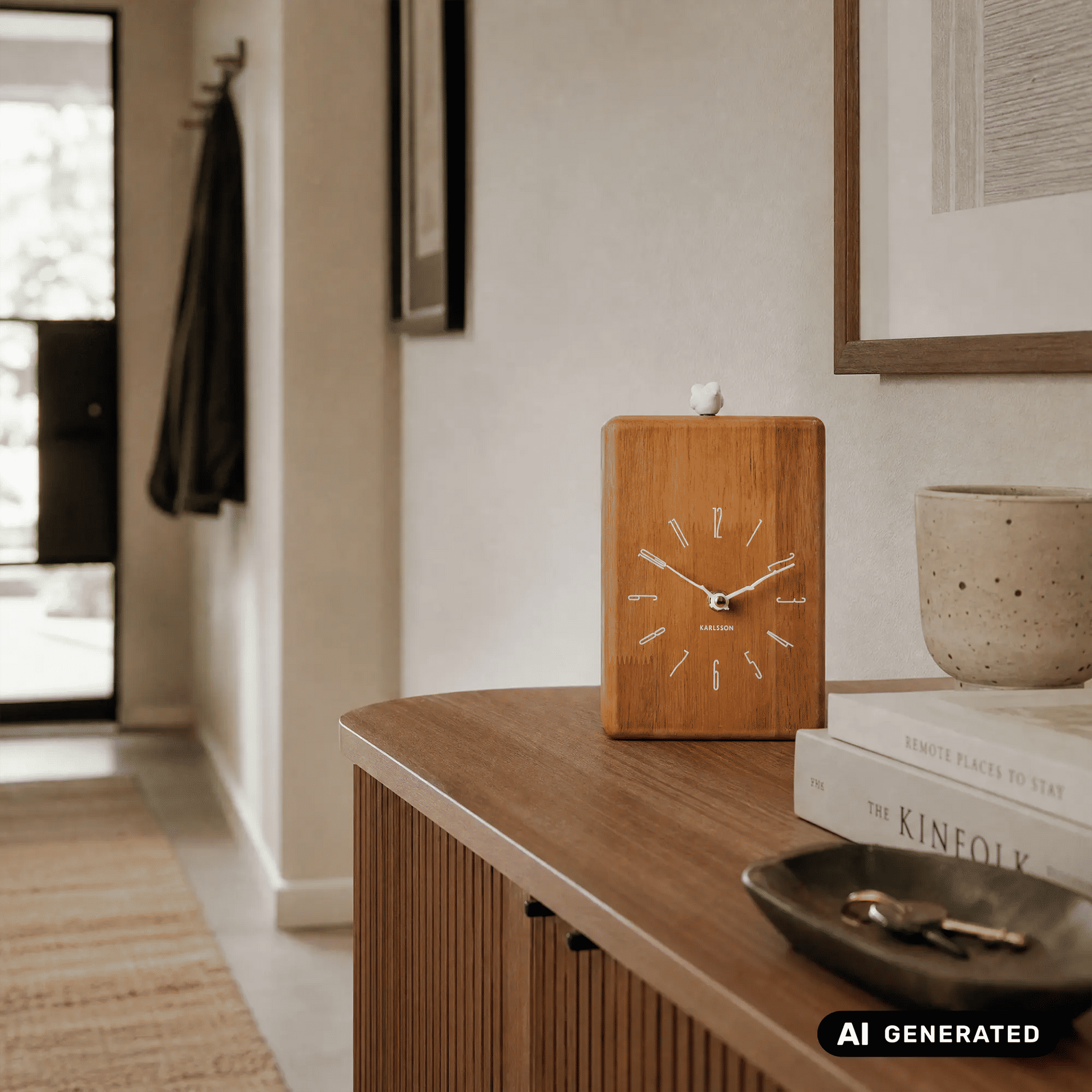 Quadratische Holz-Wanduhr mit Kuckucksvogel oben und braunem Zifferblatt mit weißen Zeigern