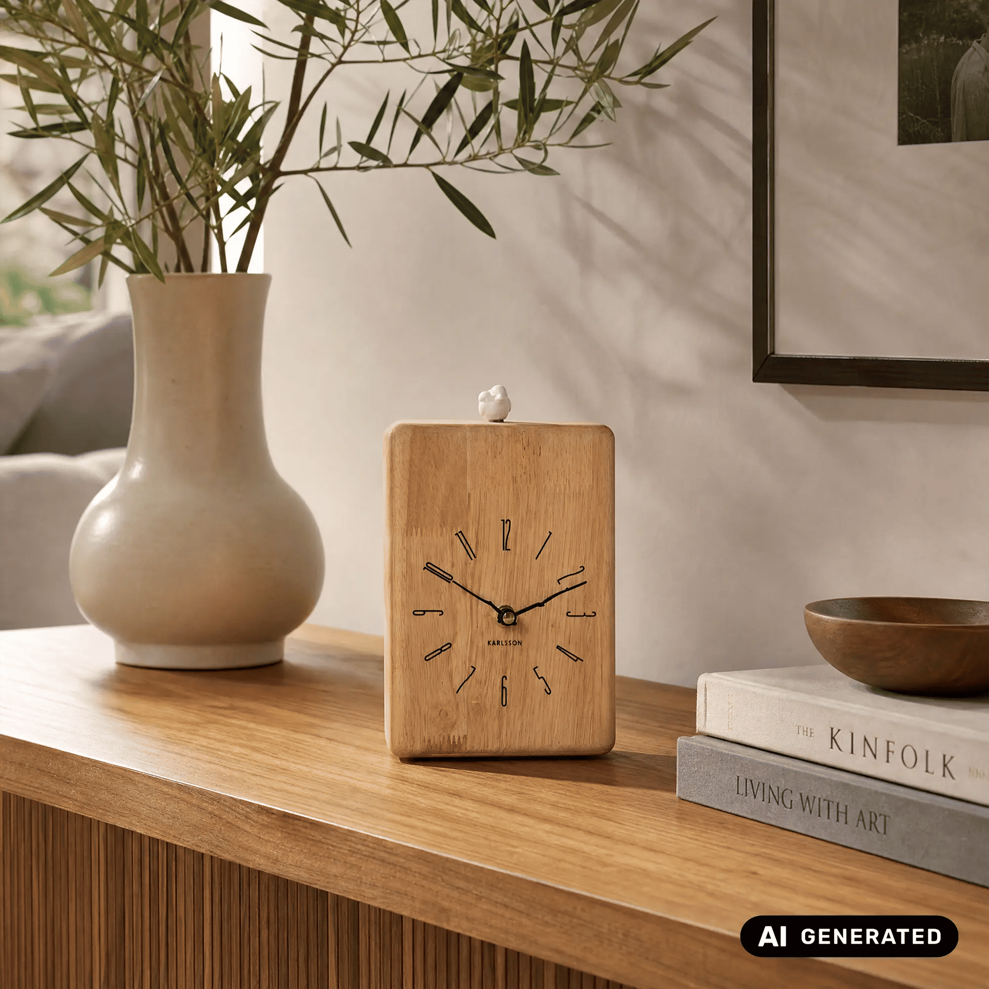 Wanduhr aus hellem Holz, quadratisches Gehäuse mit analogem Zifferblatt und schwarzen Zeigern