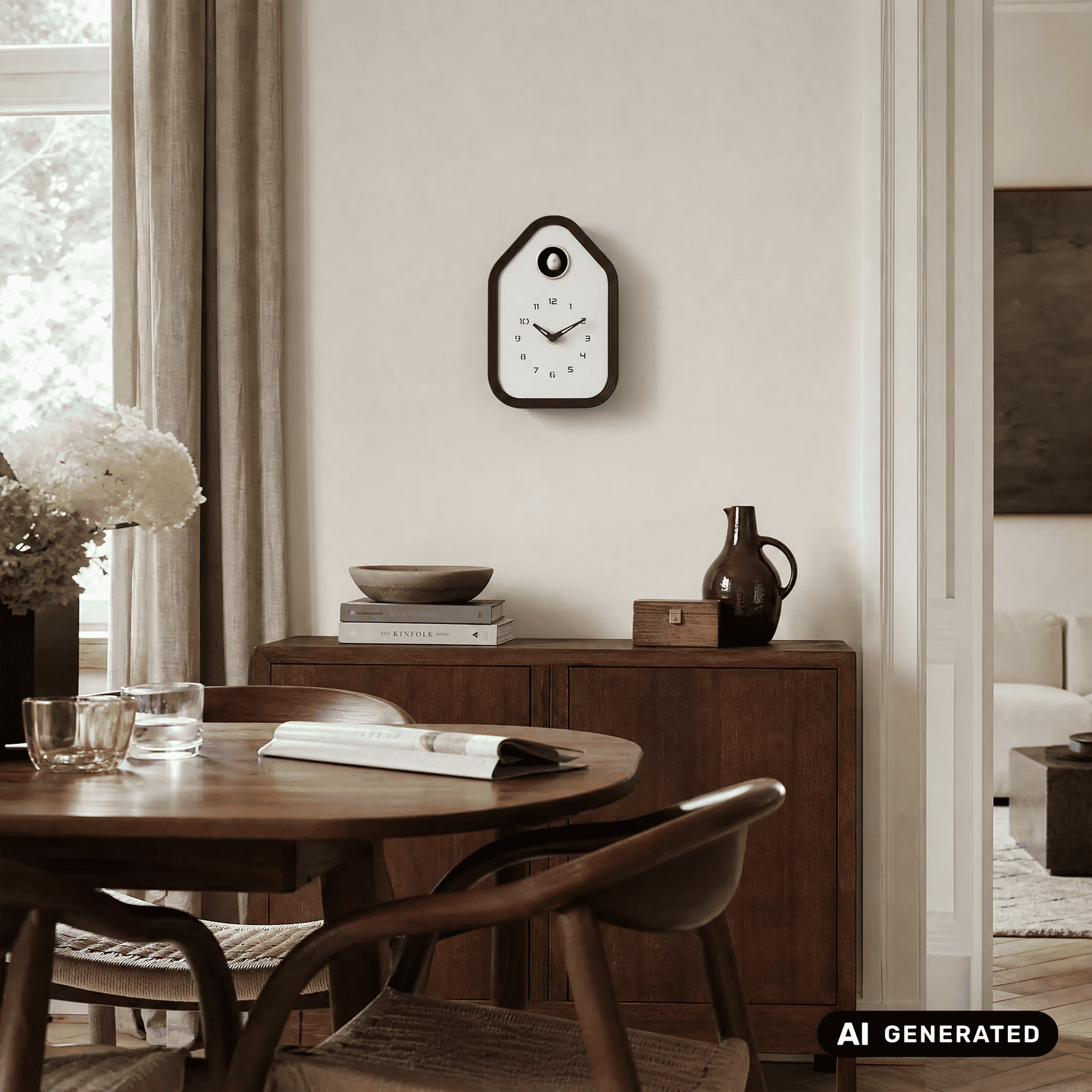 Schwarze Wanduhr mit weißem Zifferblatt, römischen Ziffern und Zeigern