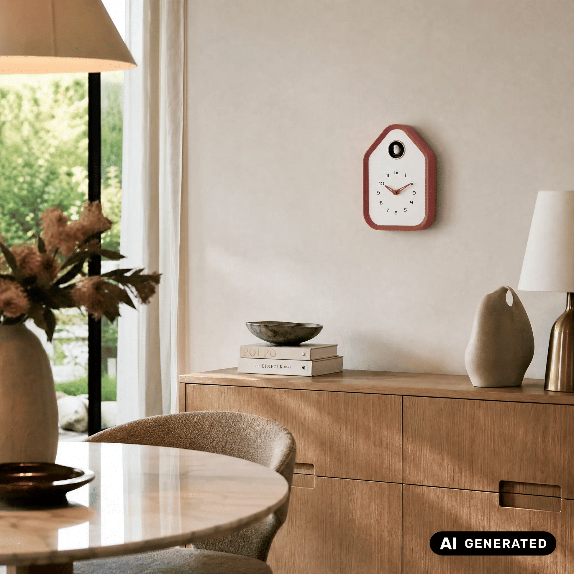 Karlsson Wanduhr mit bordeauxrotem Rahmen und weißem Zifferblatt an der Wand