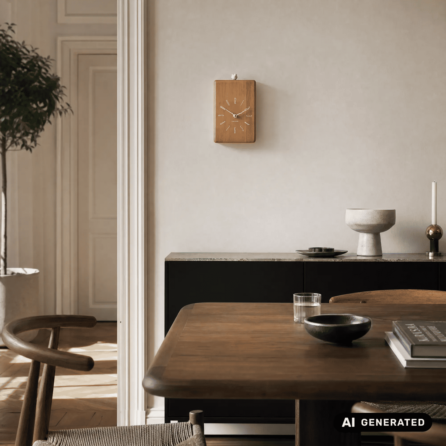 Quadratische Holz-Wanduhr an der Wand mit Kuckucksvogelfigur oben und analogem Zifferblatt