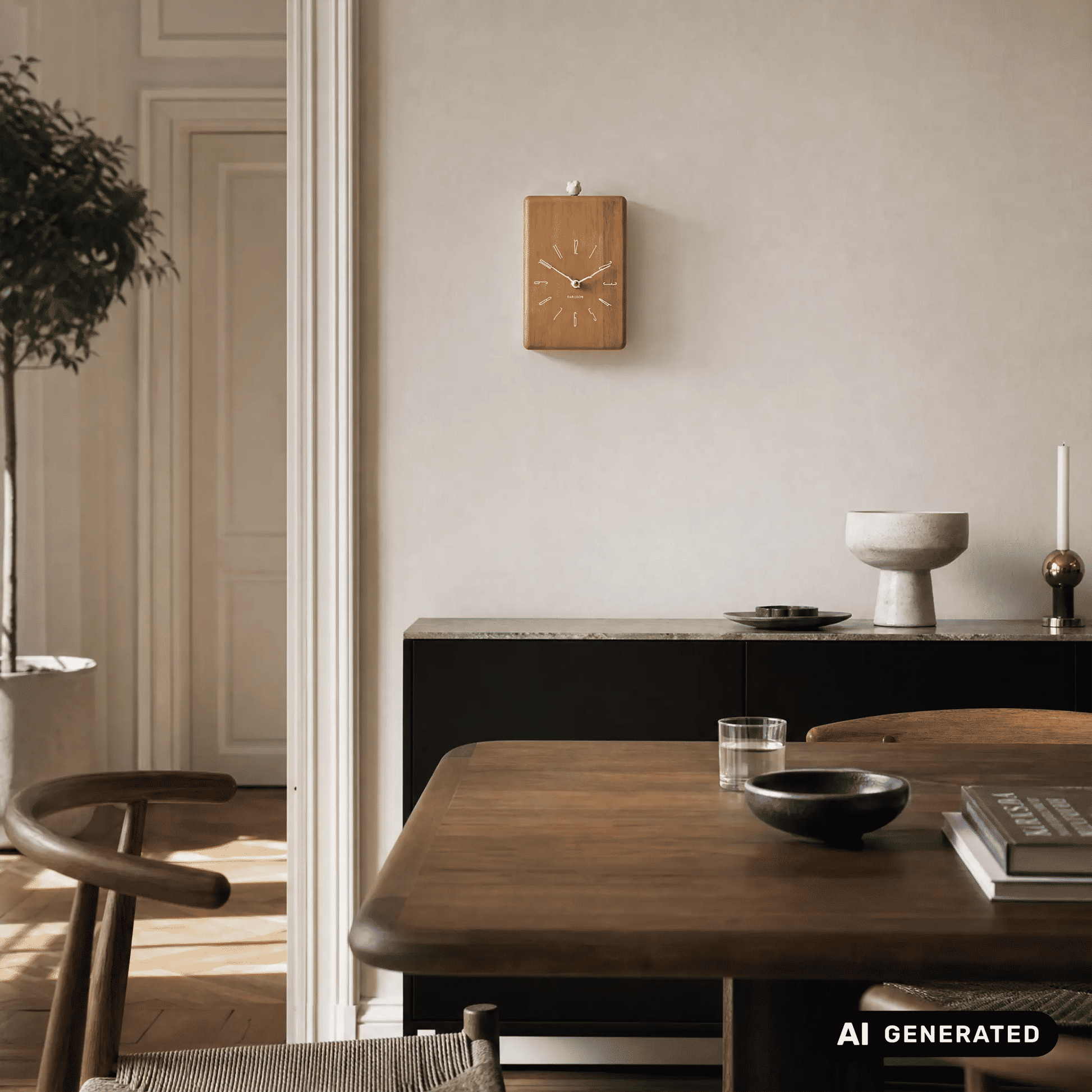 Quadratische Holz-Wanduhr an der Wand mit Kuckucksvogelfigur oben und analogem Zifferblatt