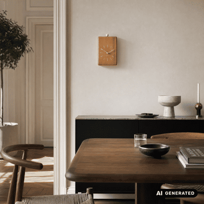 Quadratische Holz-Wanduhr an der Wand mit Kuckucksvogelfigur oben und analogem Zifferblatt
