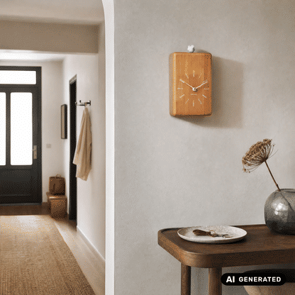 Holz-Wanduhr mit quadratischem Gehäuse, Kuckucksvogelfigur oben und weißen Stundenmarkierungen