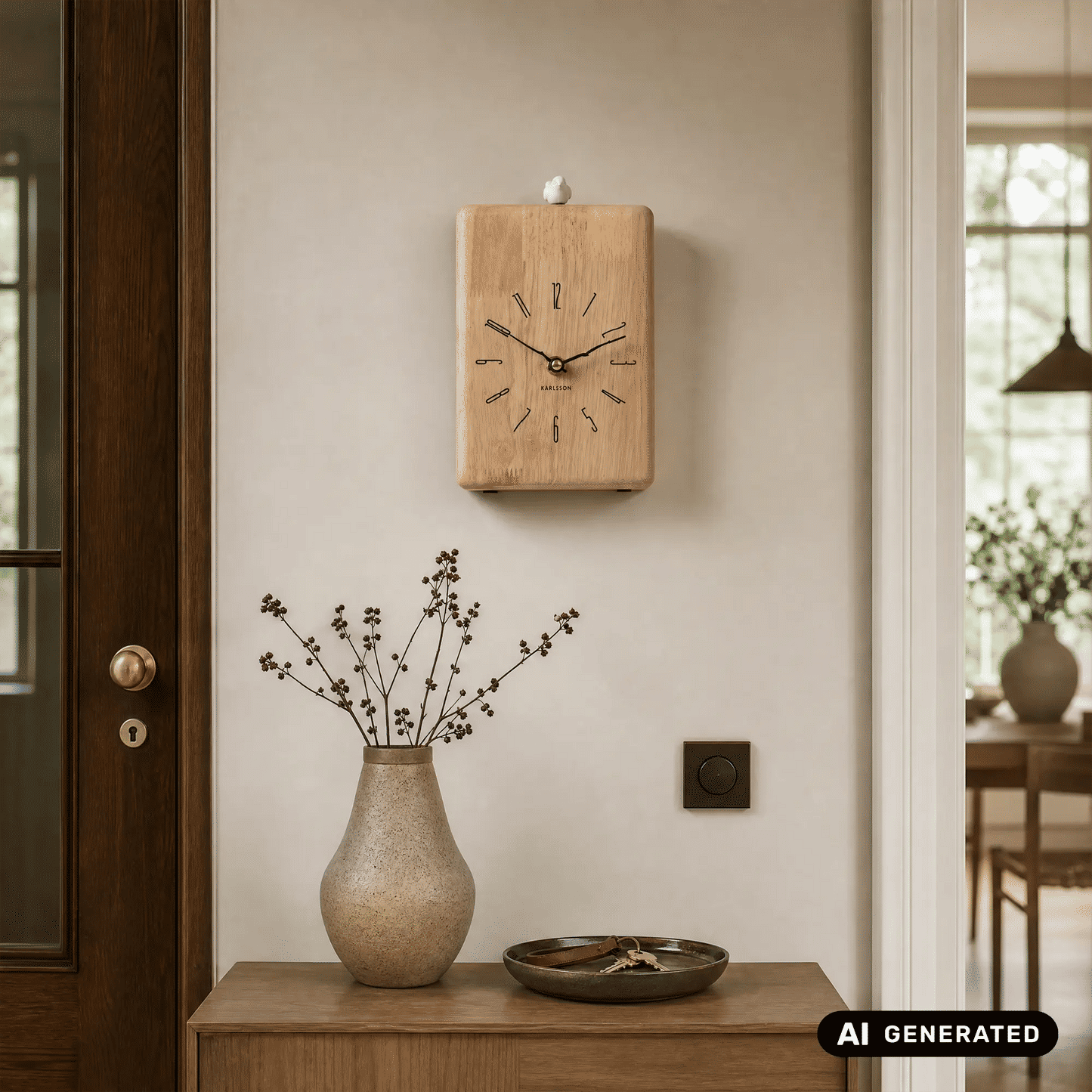 Wanduhr aus hellem Holz mit quadratischem Gehäuse, analoges Zifferblatt und schwarzer Zeiger
