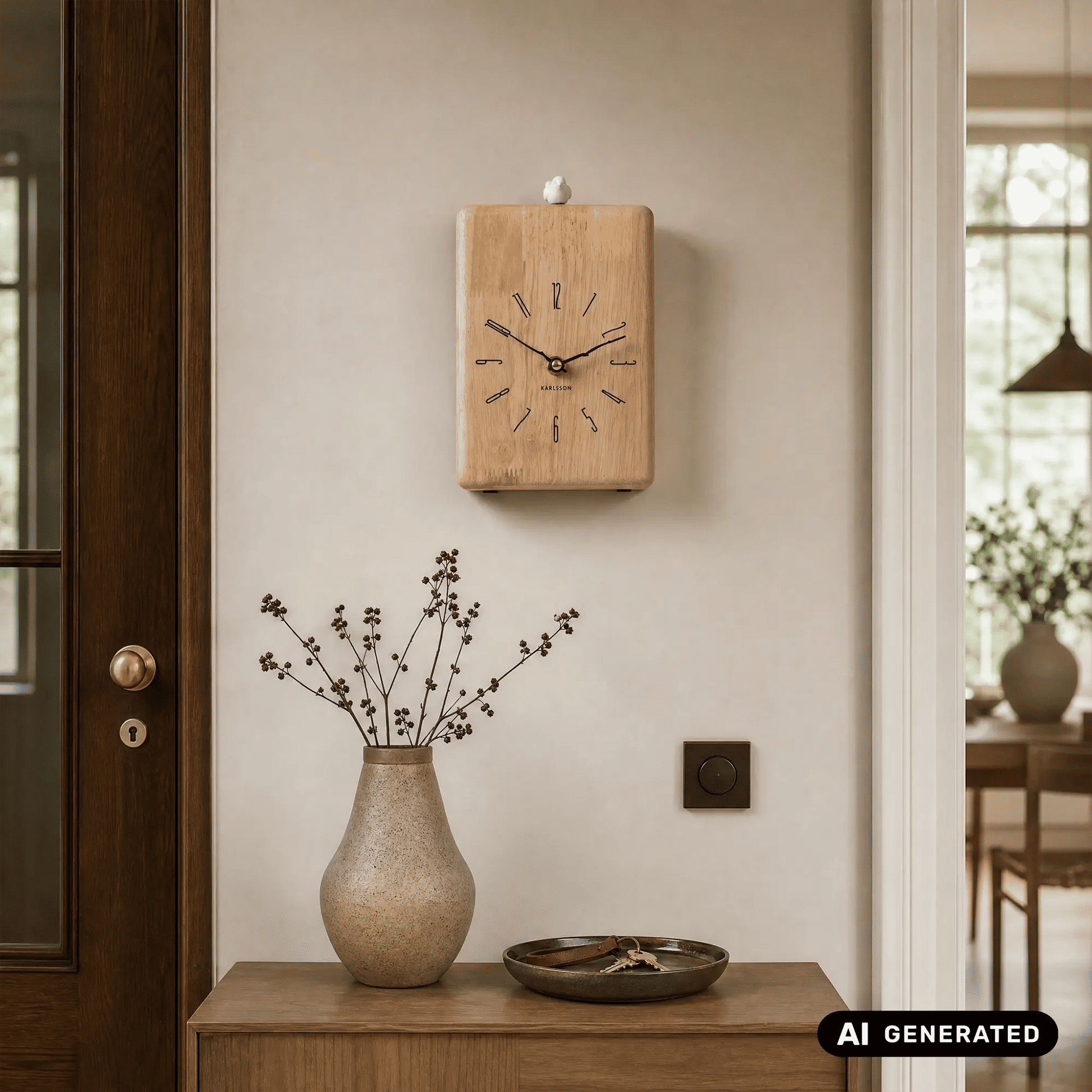 Wanduhr aus hellem Holz mit quadratischem Gehäuse, analoges Zifferblatt und schwarzer Zeiger