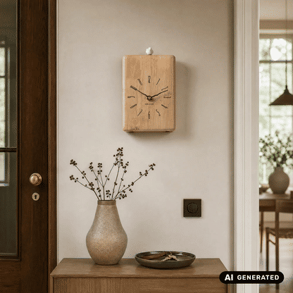 Wanduhr aus hellem Holz mit quadratischem Gehäuse, analoges Zifferblatt und schwarzer Zeiger