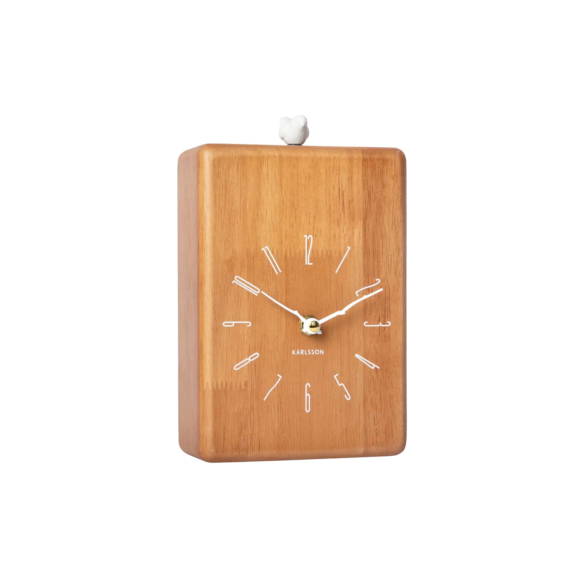 Quadratische Holz-Wanduhr im Stand, Kuckucksvogel oben und analoges Zifferblatt mit Zeigern
