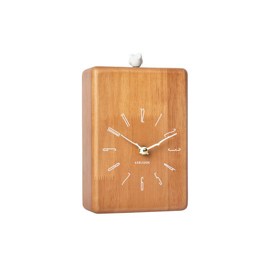 Quadratische Holz-Wanduhr im Stand, Kuckucksvogel oben und analoges Zifferblatt mit Zeigern