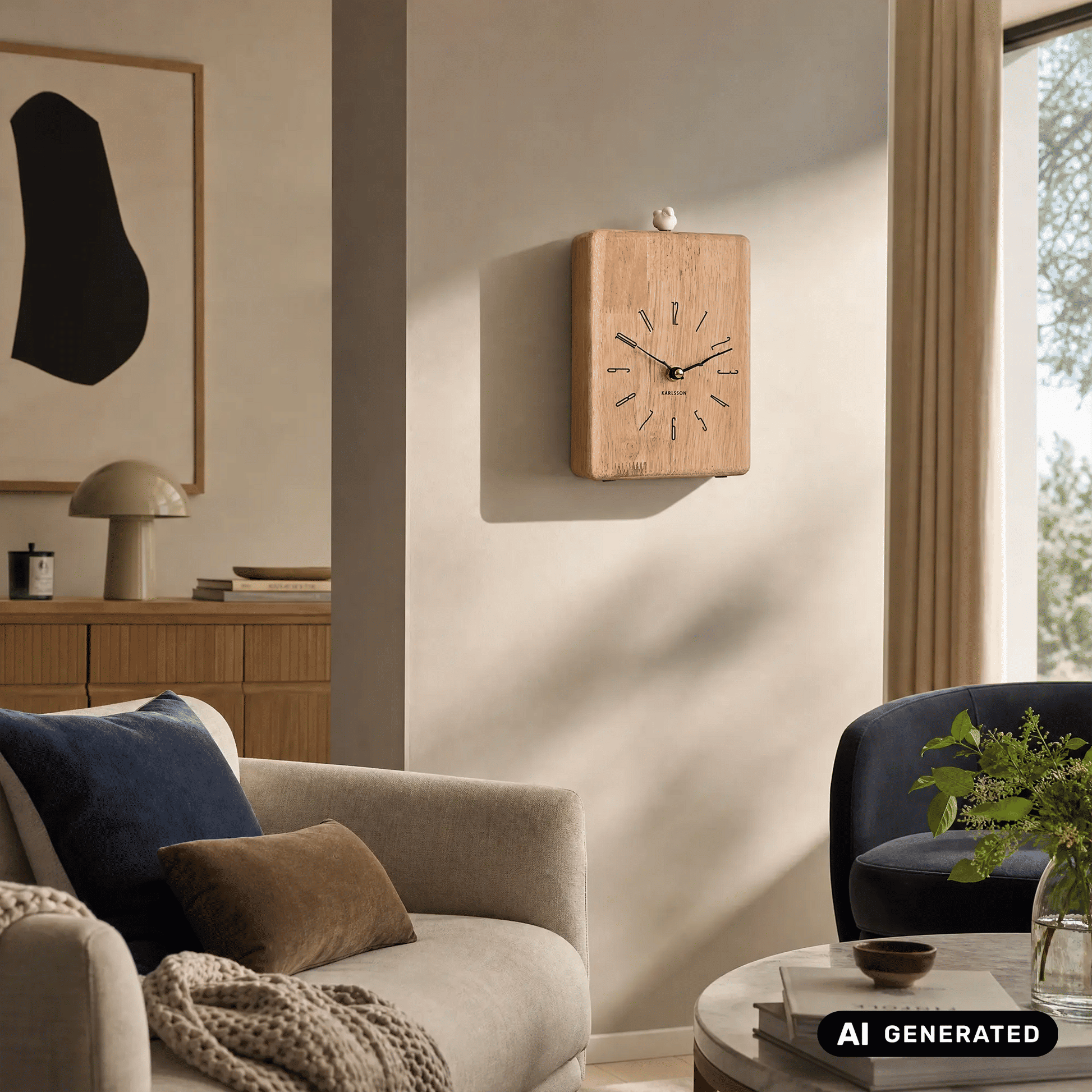Wanduhr aus hellem Holz an der Wand, quadratisch, analoges Zifferblatt mit schwarzen Zeigern