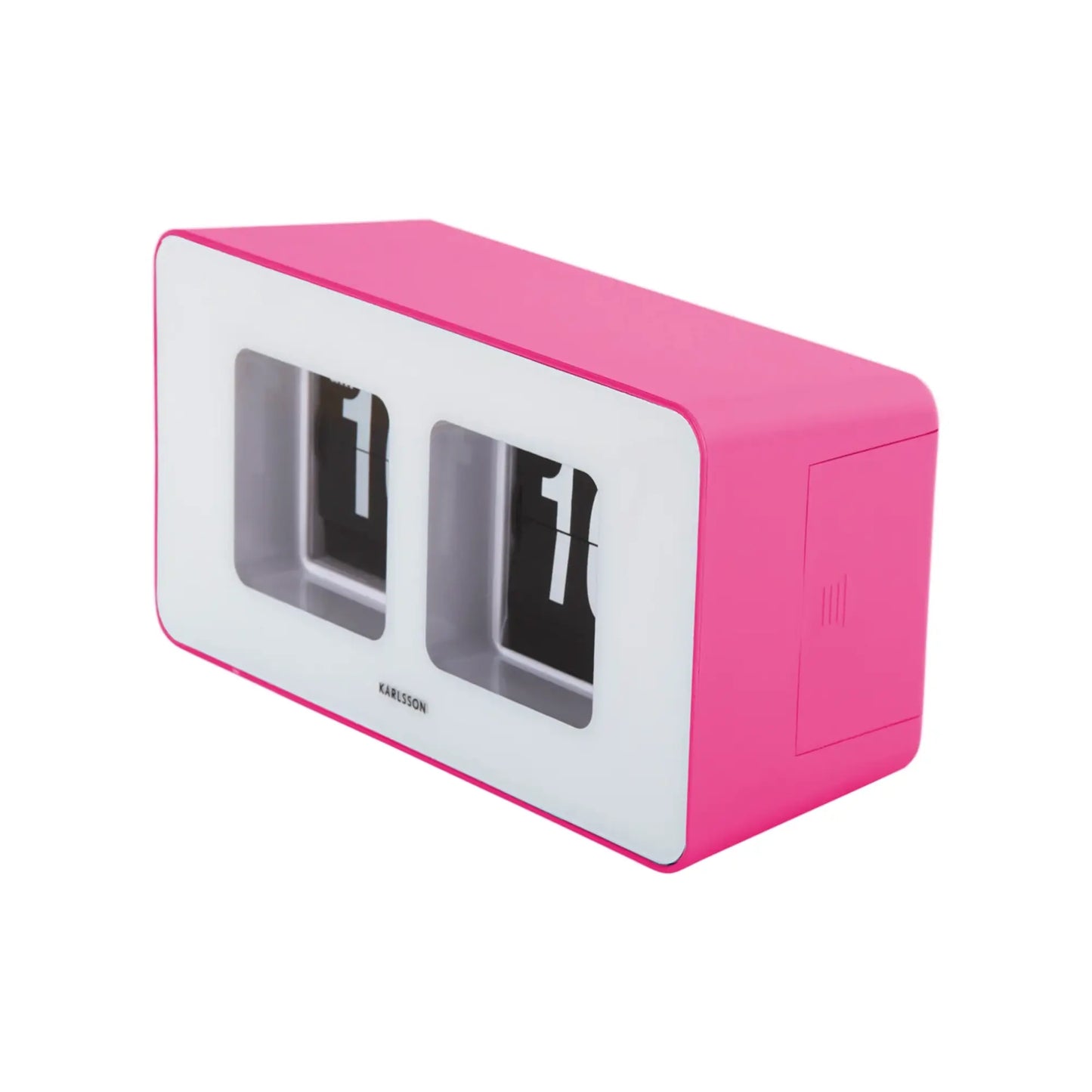 Schrägblick auf rosa Flip-Wanduhr mit zwei Klappzahlenfeldern, u. a. 11
