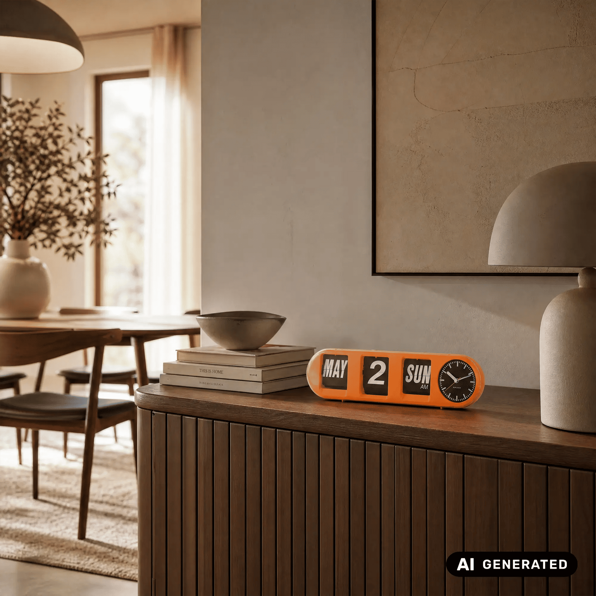 Orange Klappzahlen-Wanduhr mit Uhrwerk und schwarzem Ziffernblock, für Wand und Tisch