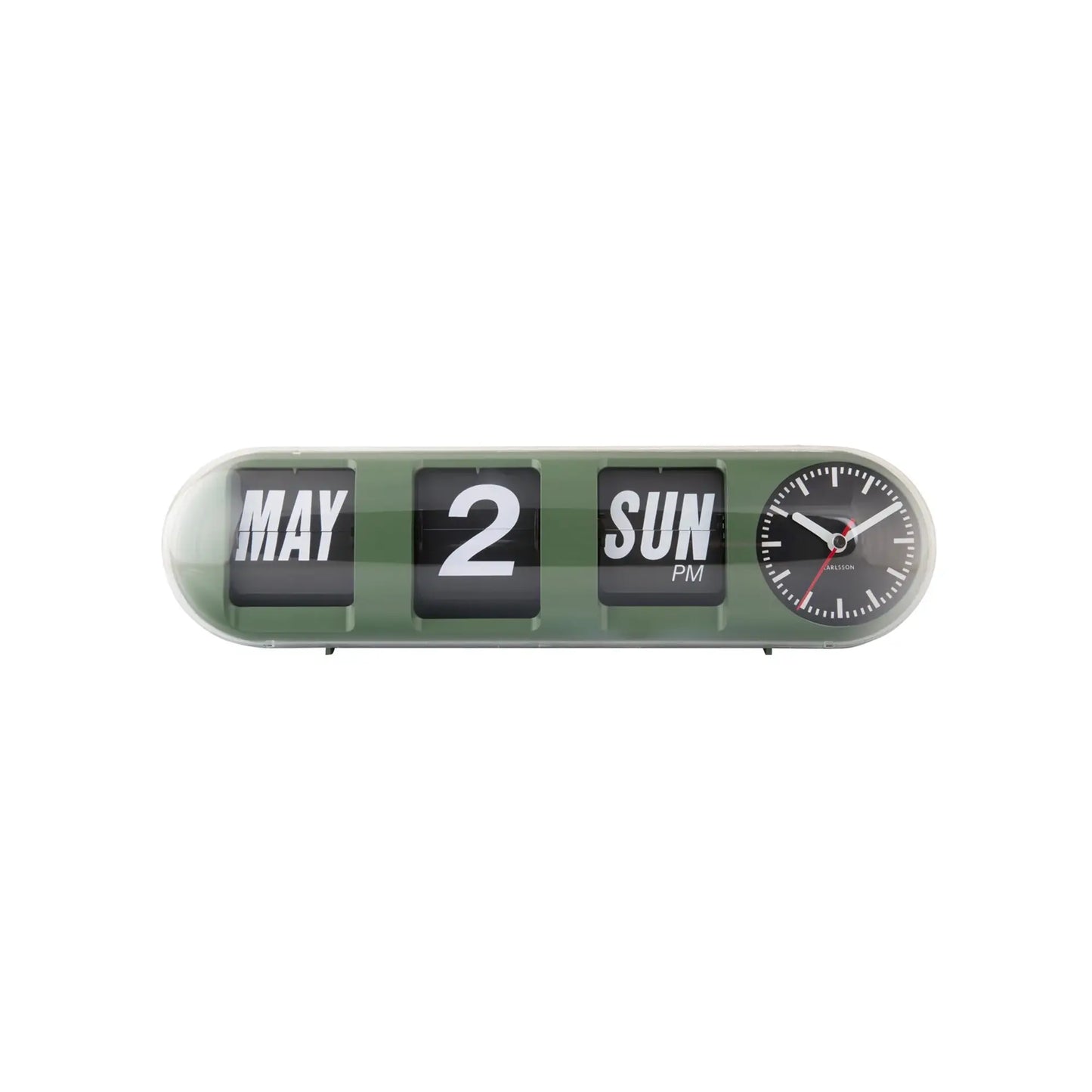 Karlsson-Röhrenwanduhr in Dschungelgrün: „MAY 2 SUN PM“ mit Runduhr
