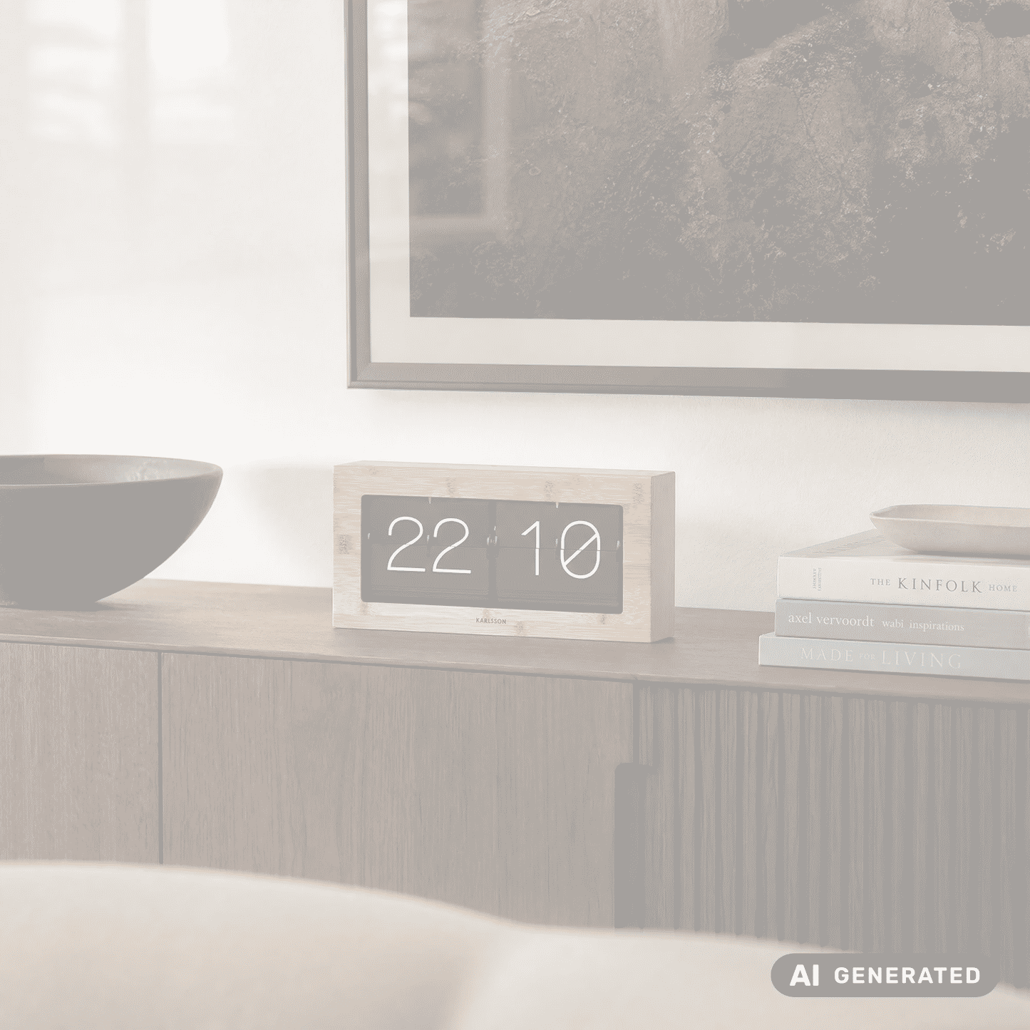 Bambus-Tischuhr auf Sideboard, schwarze Flip-Clock-Anzeige mit 22:10