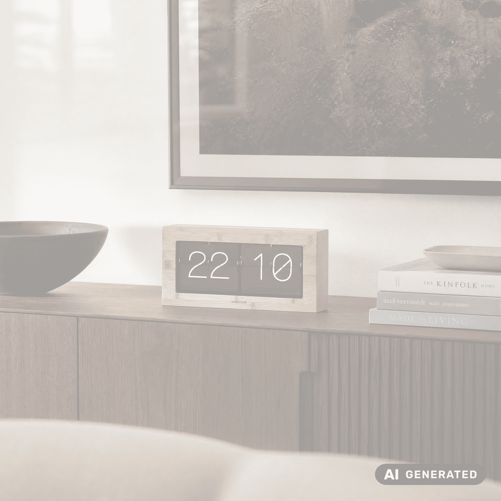 Bambus-Tischuhr auf Sideboard, schwarze Flip-Clock-Anzeige mit 22:10