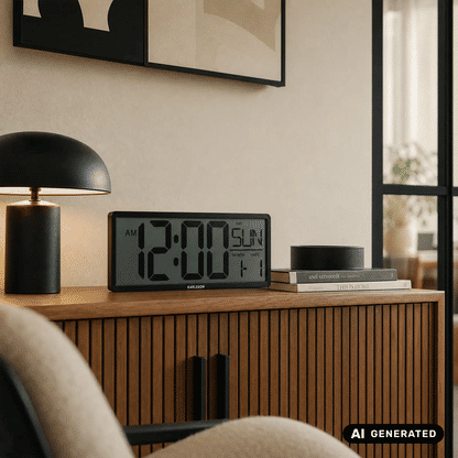 Karlsson Retro-LCD-Wanduhr mit schwarzem Rahmen und digitaler Zeit- und Tagesanzeige