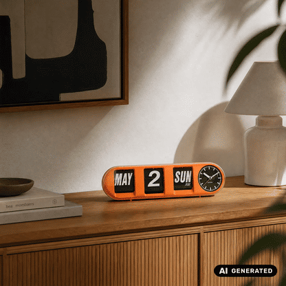 Orange Klappzahlen-Wanduhr auf Holzkonsole: MAY, 2, SUN AM und Runduhr