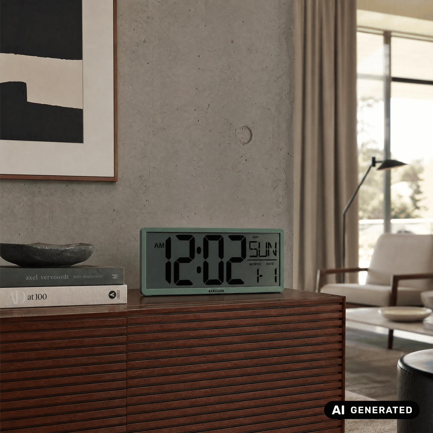 Dschungelgrüne LCD-Wanduhr mit großem Digitaldisplay und AM- sowie Tagesanzeige