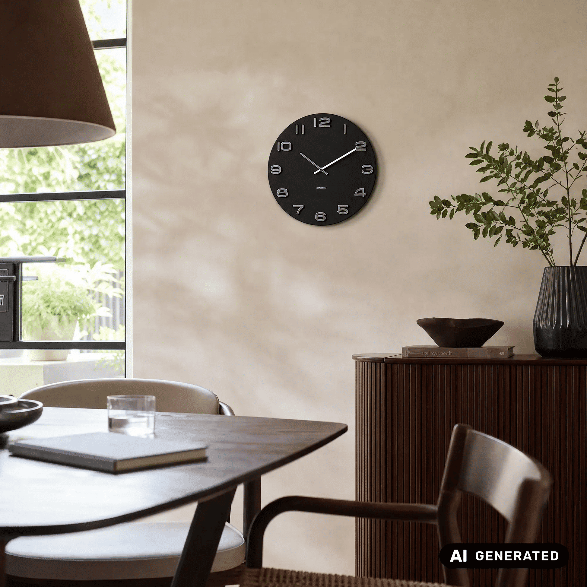 Schwarze runde Wanduhr an beiger Wand, silberne Zahlen und Zeiger
