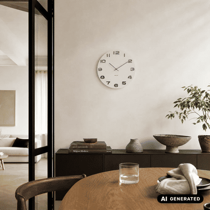 Runde Wanduhr an heller Wand: weißes Ziffernblatt mit arabischen Ziffern und Zeigern