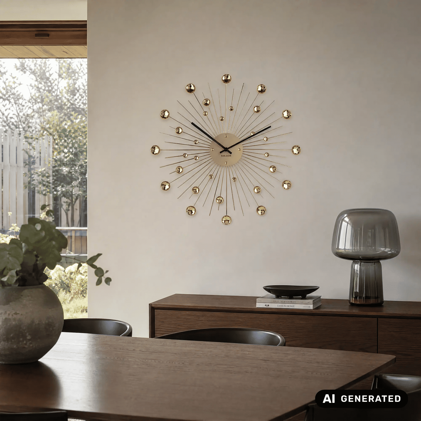 Goldene Sunburst-Wanduhr mit Kristallkugeln und strahlenförmigen Zeigern