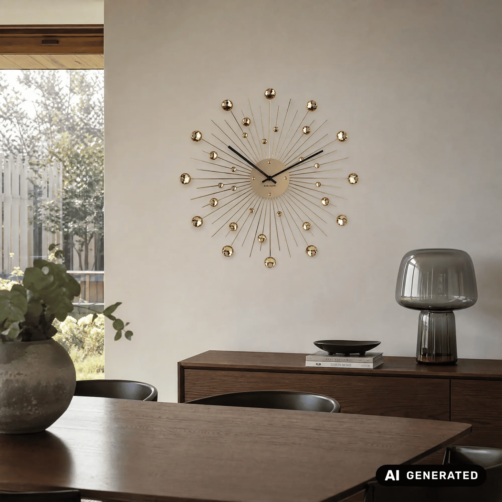 Goldene Sunburst-Wanduhr mit Kristallkugeln und strahlenförmigen Zeigern